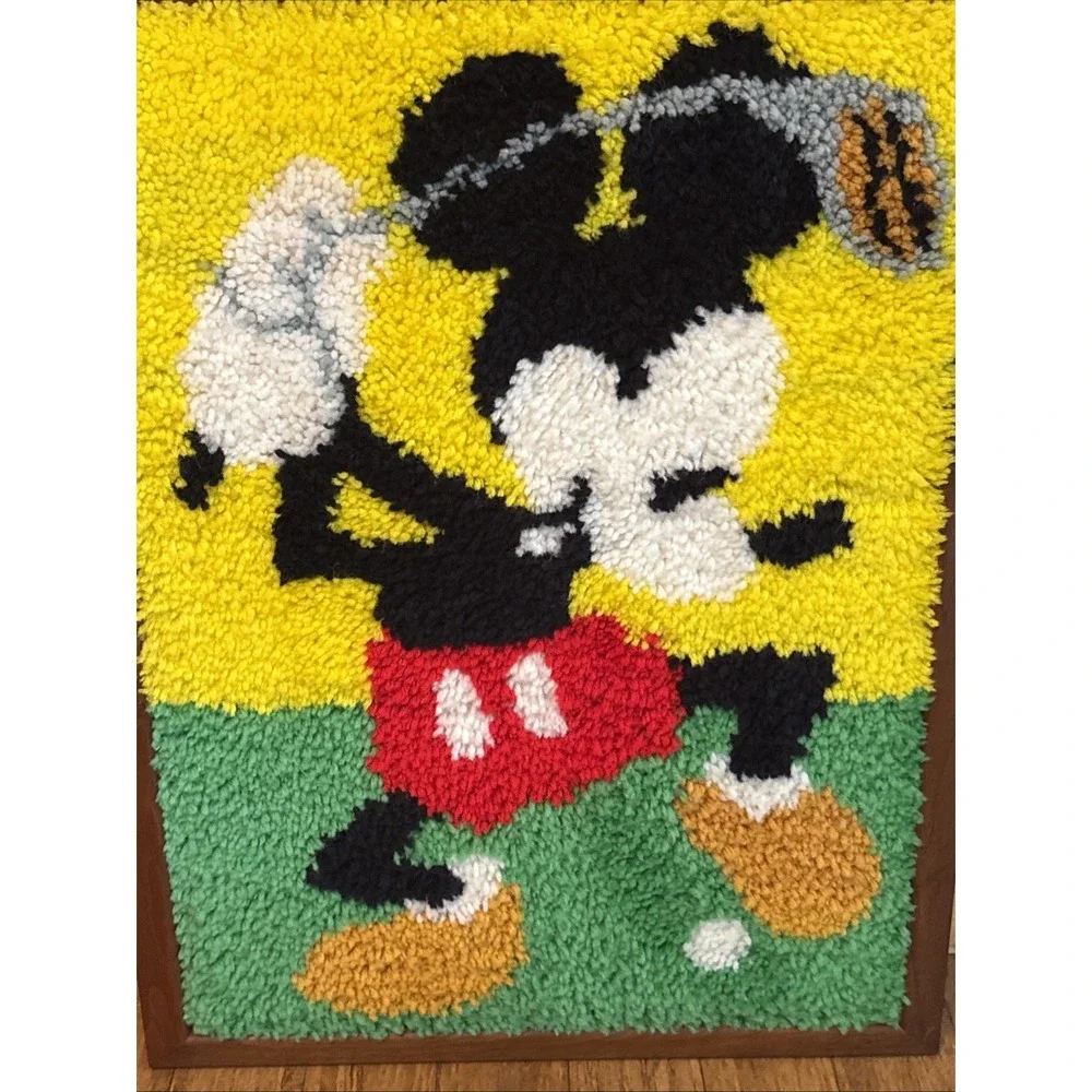 Vintage Latch & Hook Rug Wall Art Golfing Mickey Mouse 70's 30